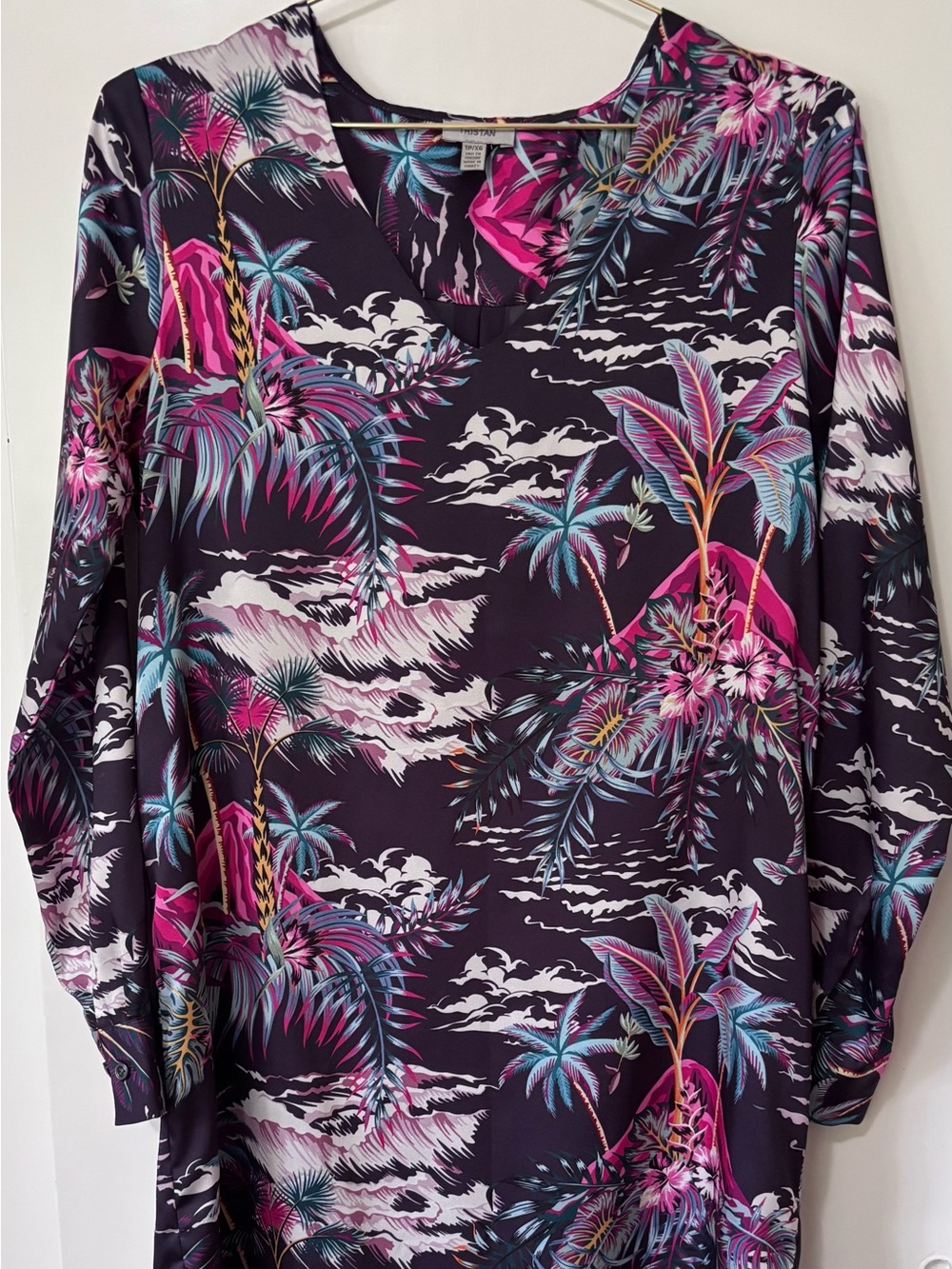 Tahari| V-Neck Exotic Satin Tropical Print Sheath Dress Black, Pink & Teal Sz XS